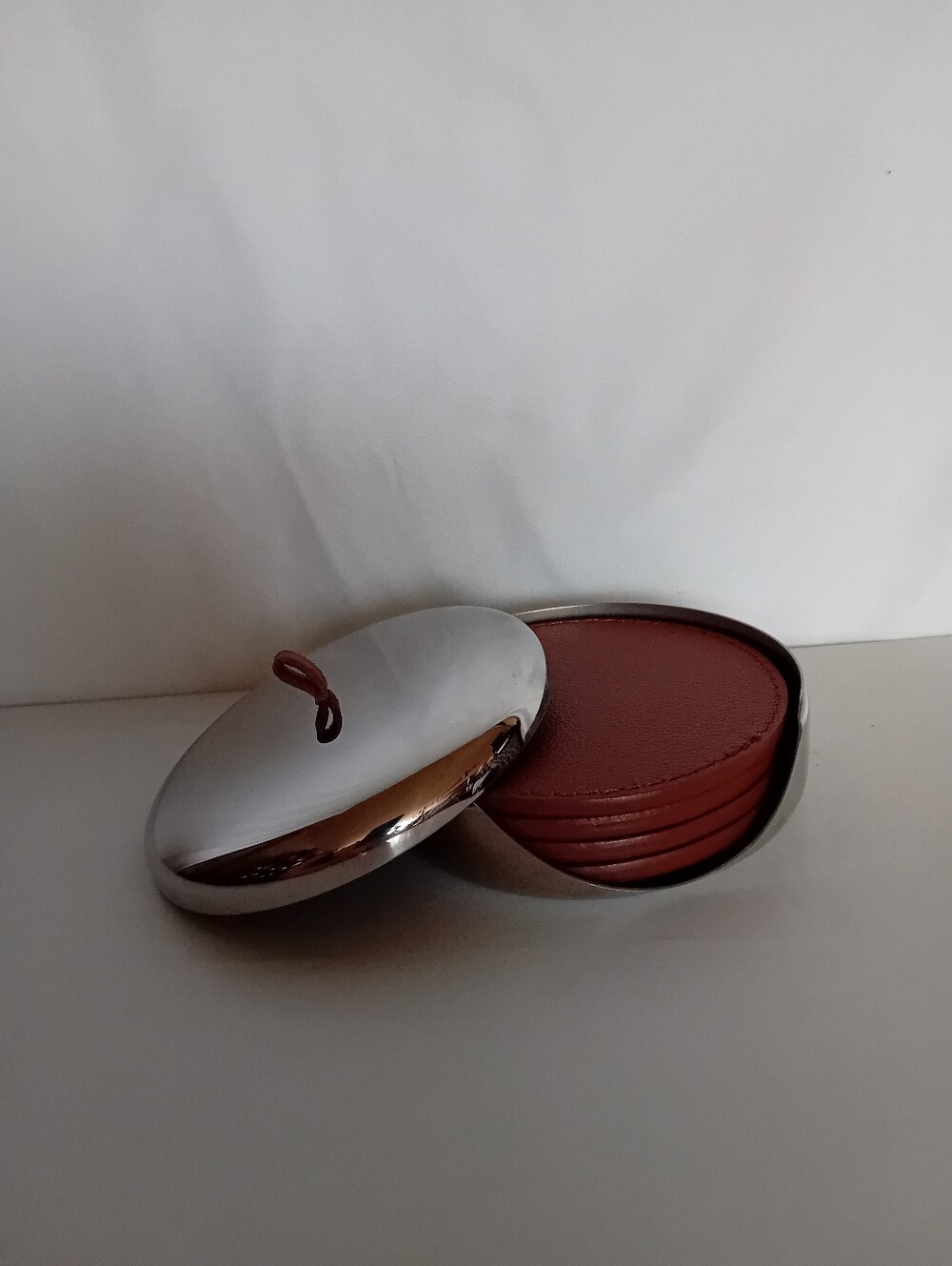 Georg Jensen Sky Collection Round Silver And Leather Coaster Set-Aurelein Barbry